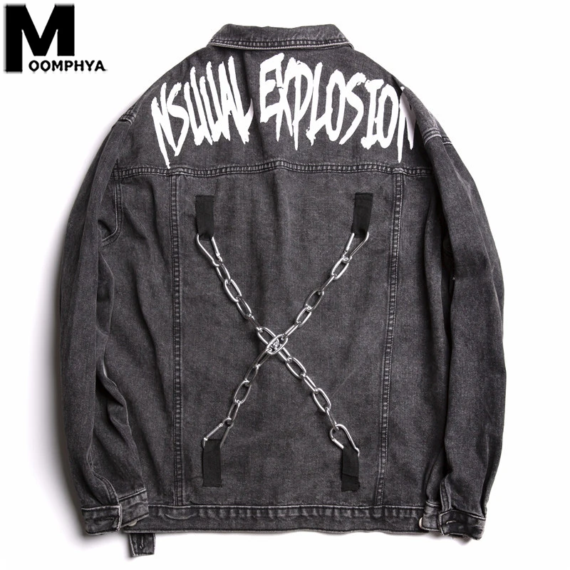 Мужская джинсовая куртка Moomphya винтажная оверсайз с рваными дырками и цепочками