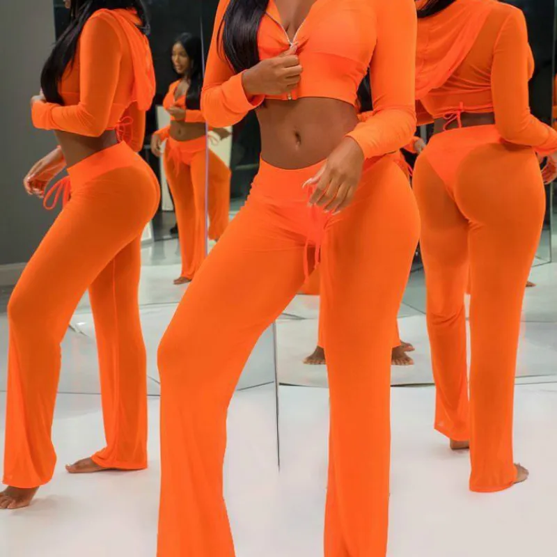 

Hot Sale Fashion Bathing Suit Cover Ups Sexy Bikini Cover Up Women Mesh See Through Tunic Hoodie Crop Top Long Pants Set