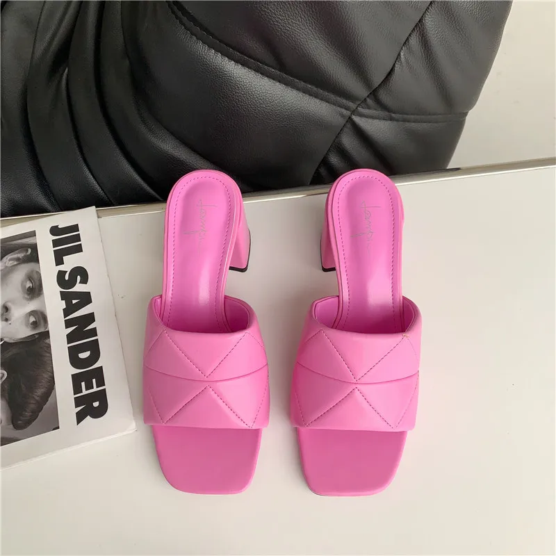 

Elegant 2021 Summer Women Slipper Peep Toe Thin High Heel Sandal Shoes Ladies High Quality PU Leather Slides Pumps Zapatos Mujer
