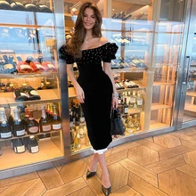 Vestido de noche negro con perlas, vestido de fiesta sin tirantes, moderno, sin hombros, 2022 (4)