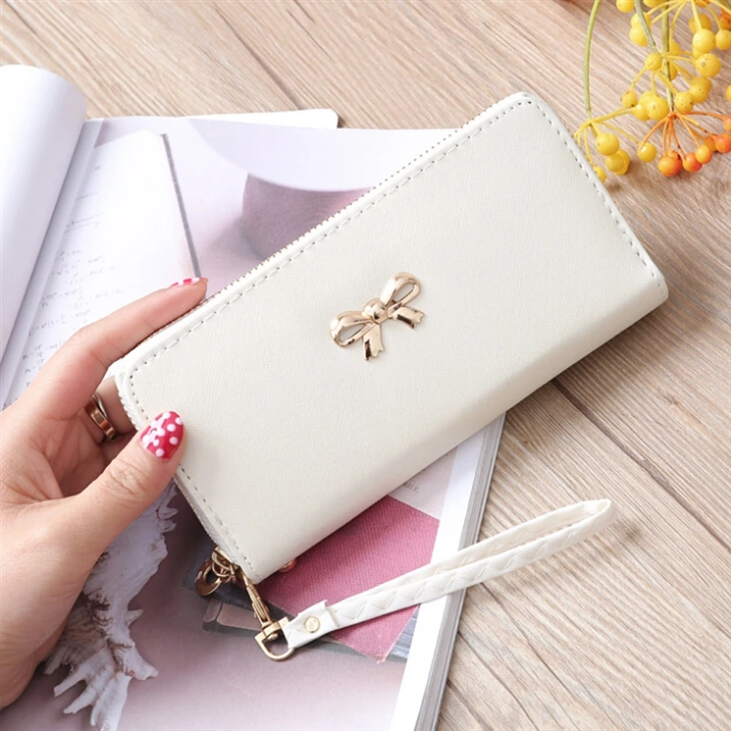 

Cards Holder Wallet Ladies Cute Bowknot Women Long Wallet Pure Color Clutch Bag 2022 New PU Leather Purse Phone Card Holder Bag
