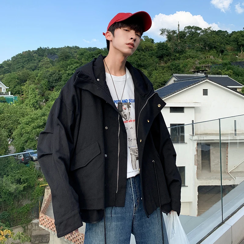 

Autumn New Tooling Jacket Men Fashion Solid Color Casual Hooded Jacket Man Streetwear Wild Hip Hop Loose Bomber Jacket M-2XL