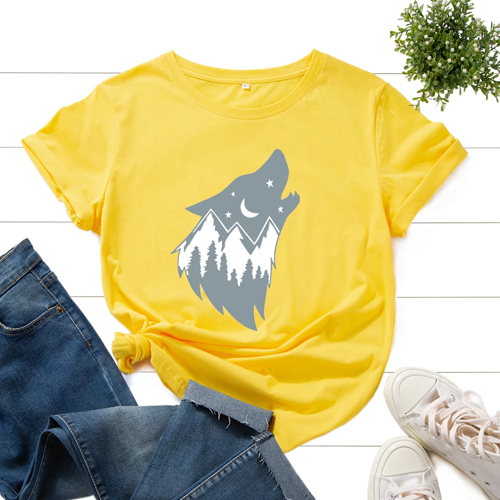 

Women's Graphic T-Shirts Printed Shirt Cotton Tee Short Sleeve Summer Tops Female Tees Stars Moon Howling Wolf Mountain Trees