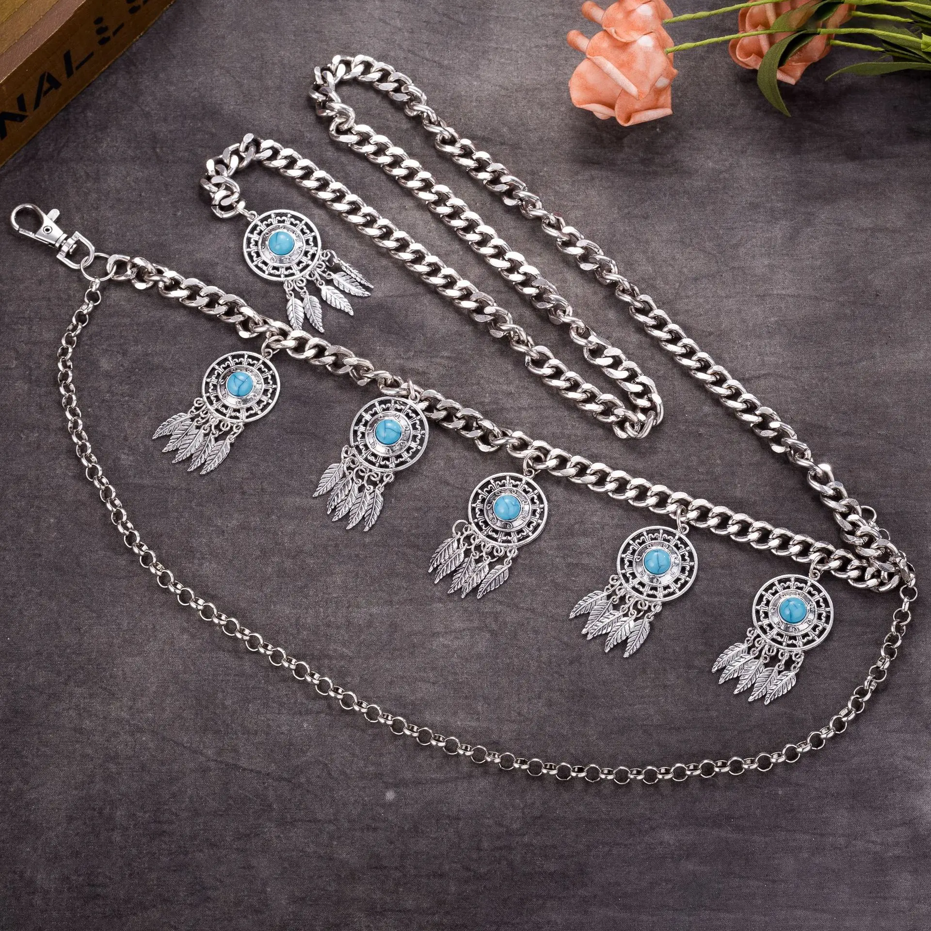 Женский пояс для танца живота серебристый/Бронзовый с бирюзовым камнем и