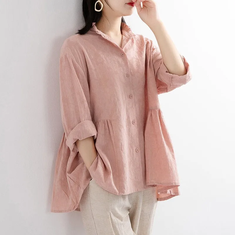 

100% Cotton Women Long Sleeve Shirt New 2020 Autumn Vintage Style Loose Comfortable Female Casual Tops Shirts P1425