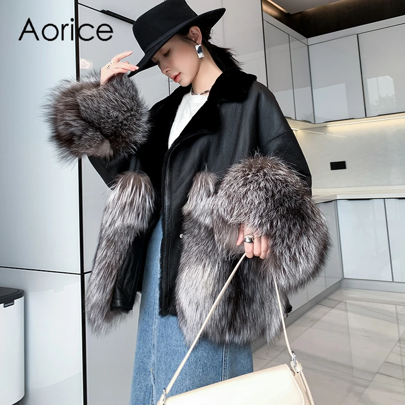 

Aorice Women Real Merino Sheep Fur Coat Jacket Female Winter Genuine Leather Fox Fur Overcoats Parka Trench CT164