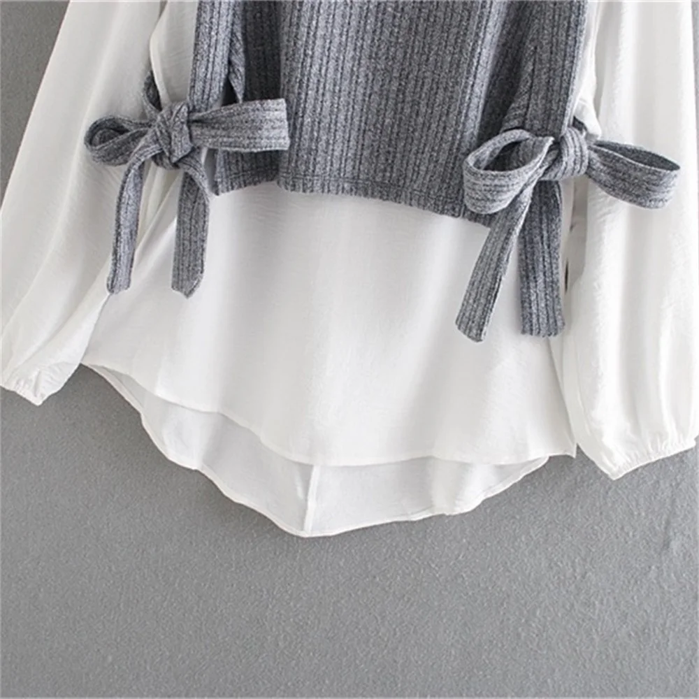 

TRAF 2020 autumn women's laminated design loose lapel stitching knitted long-sleeved tie shirt casual slim pullover top streetwe
