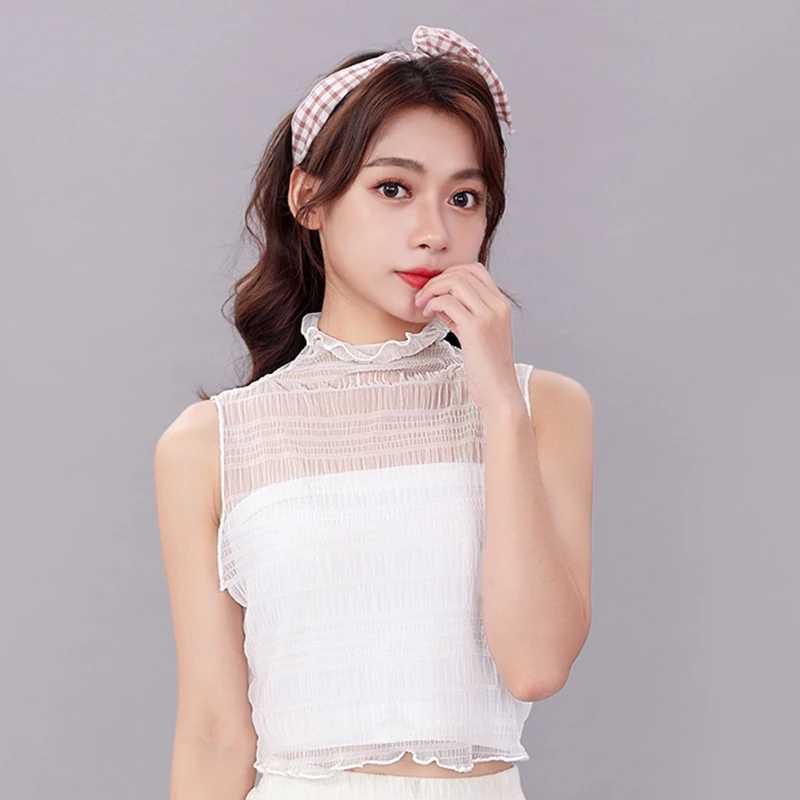 

Women Hollow Sheer Mesh Fake Collar Ruffles High Neck Stretch Half Shirt Vest 50PF