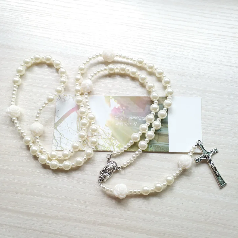 

QIGO White Imitation Pearl Rosary Neckalce Long Beads Strand Cross Pendant Religious Jewelry