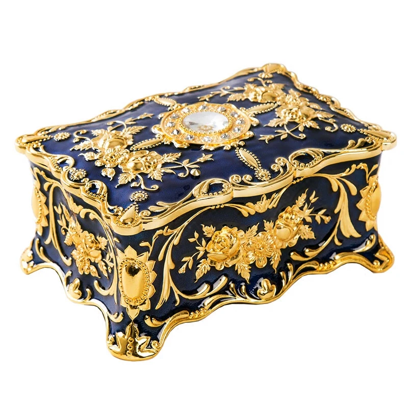 

European Rectangle Shape Embossed Gold Plating with Blue Hand Painted and Jeweled Trinket Storage Metal Jewelry Box Small Size