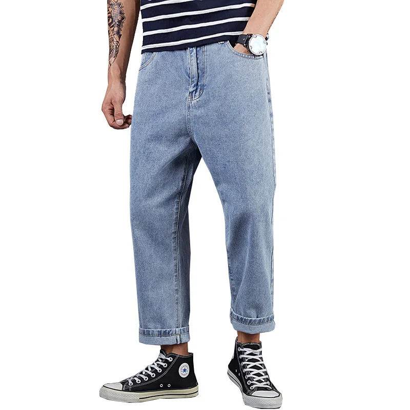 

Large men's casual cropped jeans loose Harlan straight pants wide leg drop feeling cropped Hong Kong style old dad pants