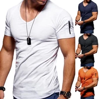 men solid color zip pocket v neck short sleeve t shirt fit plus size tee top comfortable to wear for daily life