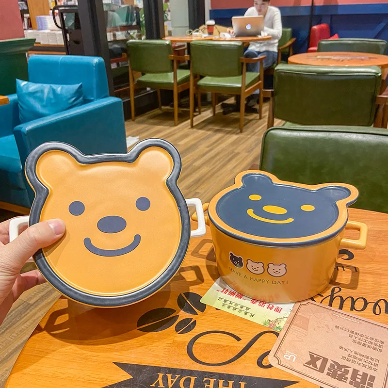 

Creative Cartoon Cute Bear Household Ceramic Instant Noodle Bowl With Lid Student Noodle Bowl Dormitory Soup Bowl With Handle