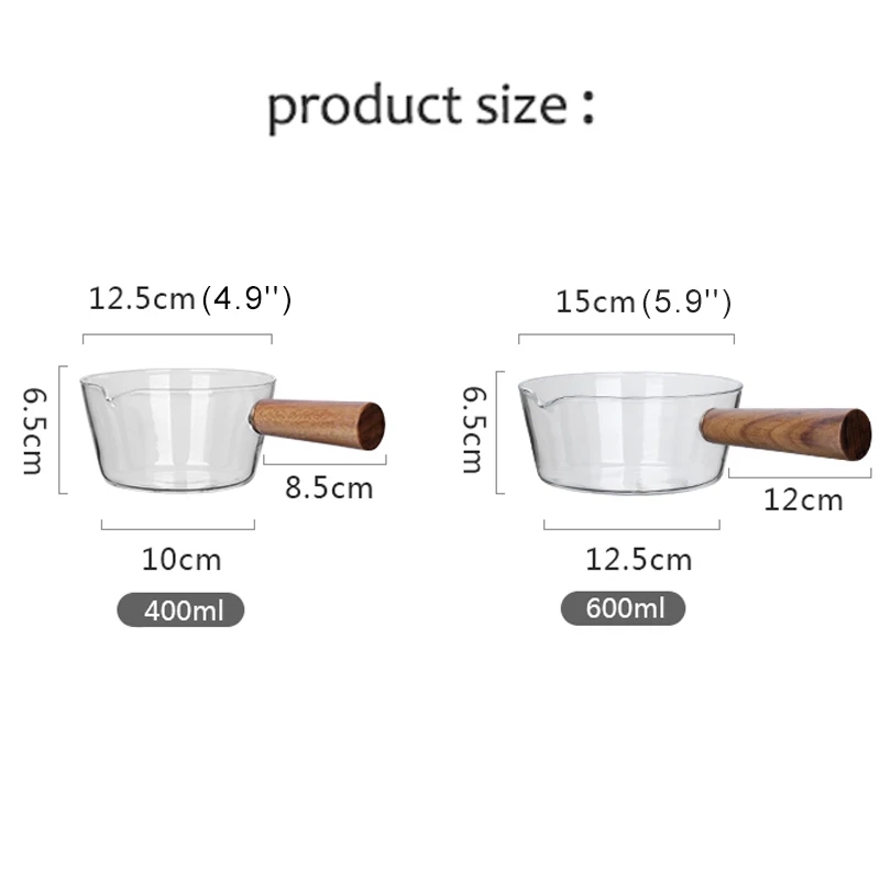 Стеклянная молочная кастрюля с деревянной ручкой 400 мл/600 мл для приготовления