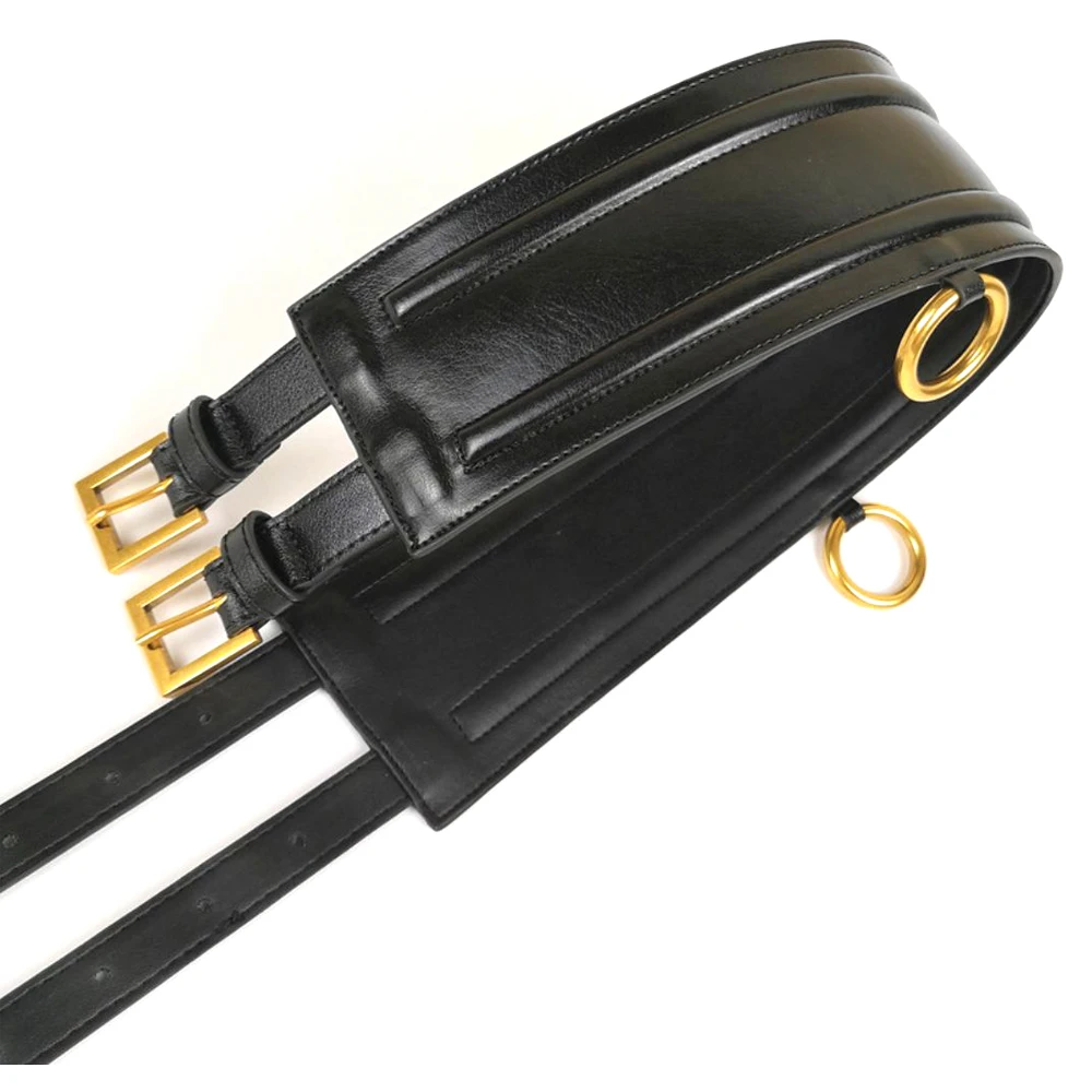Fashion Vintage Metal Buckle Wide Leather Belt Punk Cool Gold Ring Dress Bondage Straps Hip Hop Good PU Accessory for Women