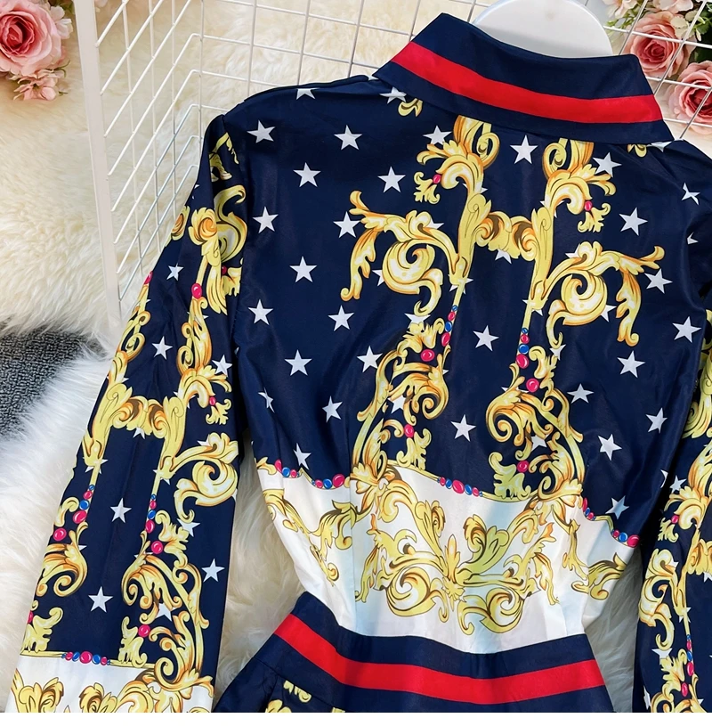 

Palace Style Shirt Collar 2021 New Puff Sleeves Lace High Waist Retro Printing Gentle Wind Large Swing Long Dress