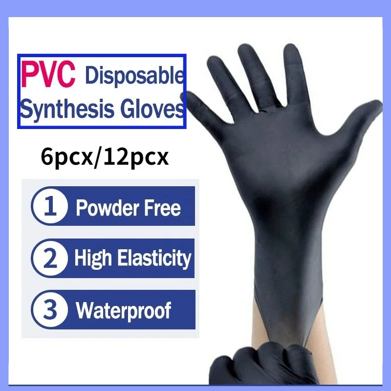 

6pcx-12pcx Disposable PVC Elastic Soft Gloves Thickened Black Non-contact Protective Gloves Household Kitchen Protective Gloves