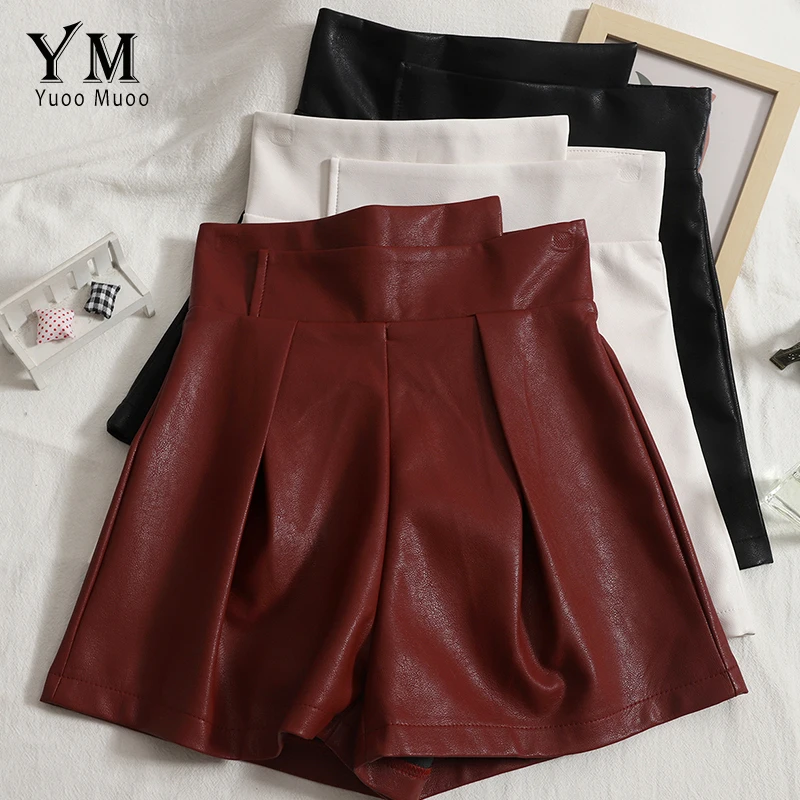 

YuooMuoo Fashion Irregular High Waist Shorts Women 2021 Autumn All Match Solid Wide Leg Pu Leather Short Pants Ladies Bottoms