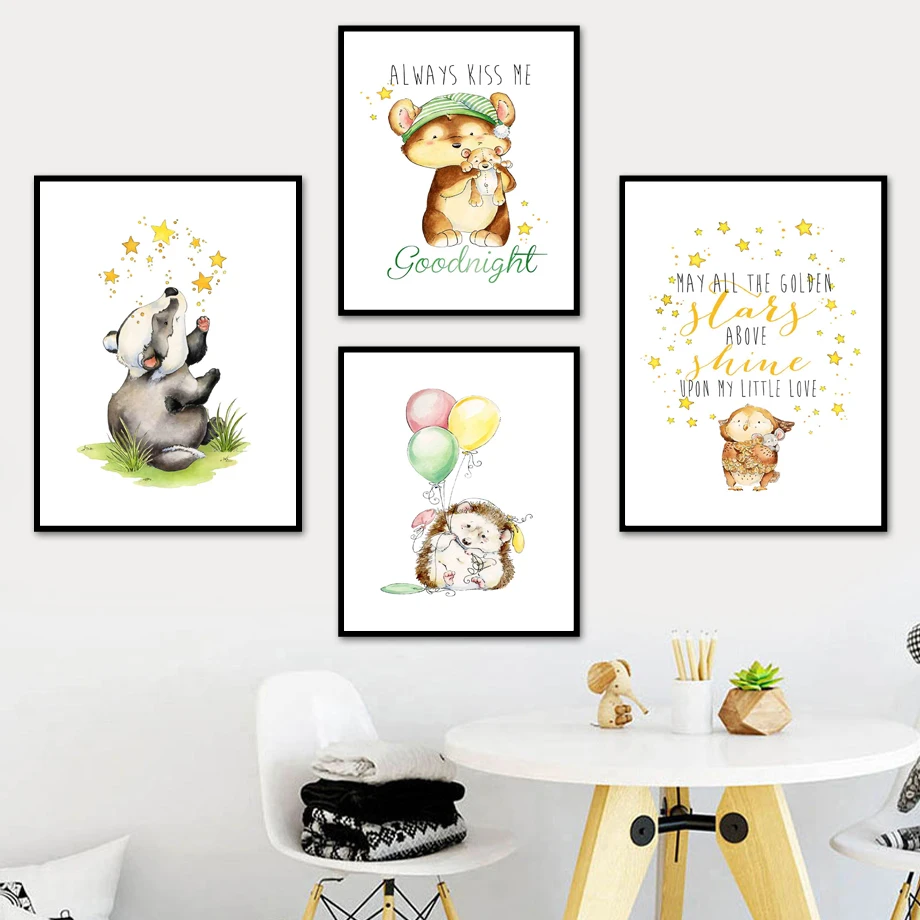 

Badger Bear Hedgehog Owl Bird Balloon Grass Wall Art Canvas Painting Nordic Posters And Prints Wall Pictures For Kids Room Decor