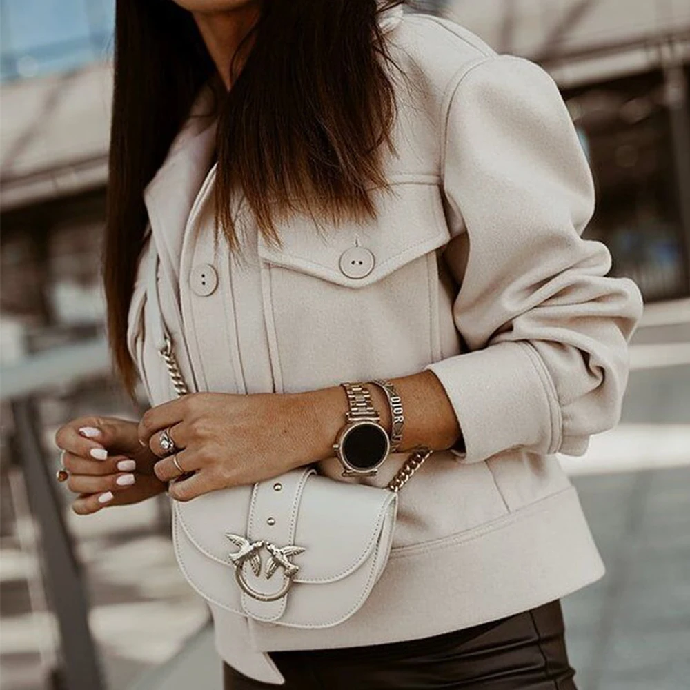 

2020 Woolen Coat Turn-down Collar Double Button Slim Solid Color Jackets Winter Coat Women Elegant Winter Ladies Coat Wool