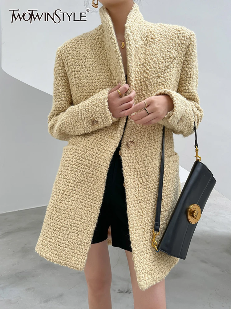 

TWOTWINSTYLE Casual Woolen Coat For Women Notched Loose Long Sleeve Single Button Plain Coats Female 2021 Autumn Fashion Clothes