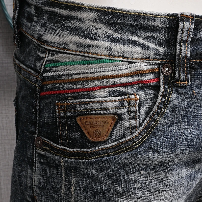 European American Vintage Fashion Men Jeans Retro Wash Slim Ripped Jeans Men Distressed Painted Designer Patchwork Denim Pants