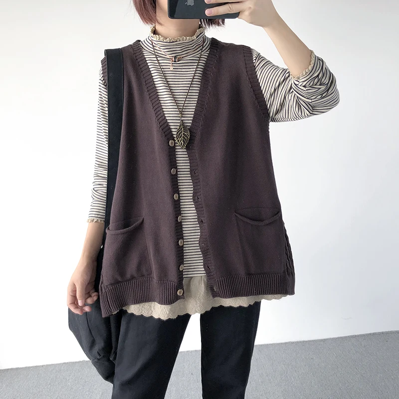 Women Knit Sweater Sleeveless Pockets Loose 2020 New Spring Vest Thin Cardigan Solid Color Fashion |