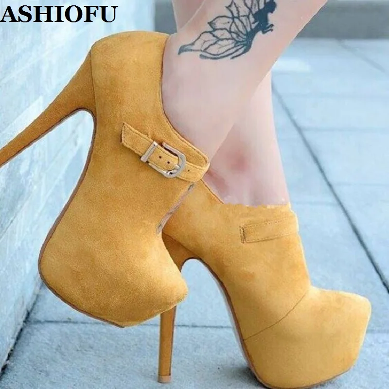 ASHIOFU Handmade Women High Heel Pumps Buckle-strap Party Prom Dress Shoes Platform Round-toe Evening Stiletto Fashion Shoes