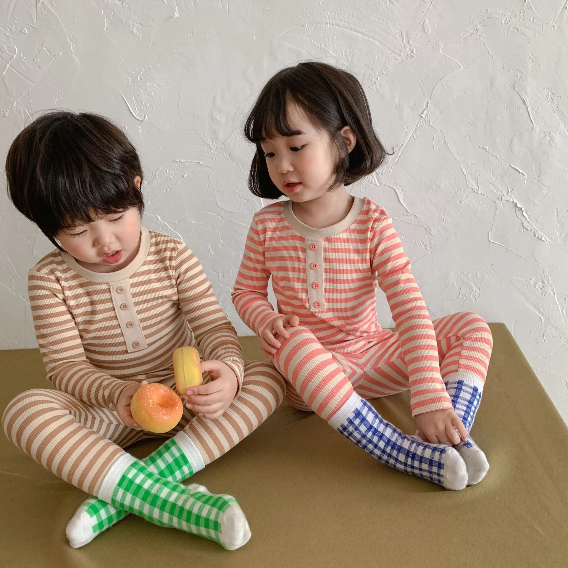 

Children's Pajama suit top striped pants 2-piece spring and autumn long sleeved cotton children boutique kids clothing set