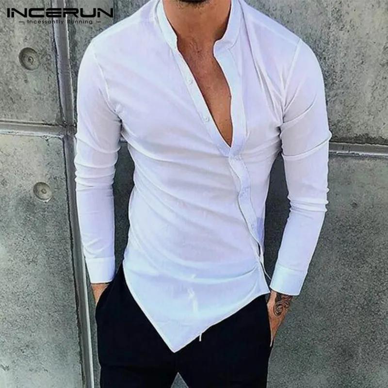 

INCERUN Fashion Men Shirt Long Sleeve Solid Color Stand Collar Button Casual Irregular Tops 2021 Streetwear Fitness Camisa S-5XL