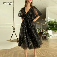 verngo glitter black tulle short prom dresses with puff sleeves golden stars v neck tea length formal party gowns with pockets