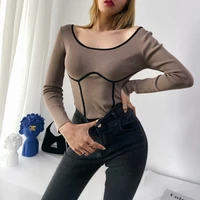 women slim long sleeve jumpsuit 2021 autumn new sexy round color contrast color knitted bodysuits ladies one pieces jumpsuits