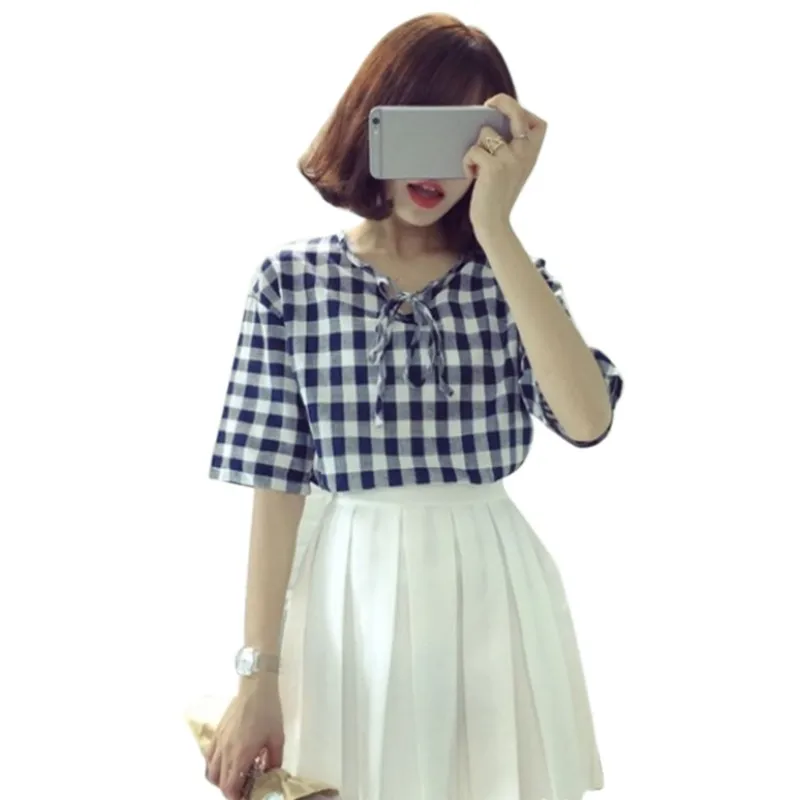 

Fashion Summer Plaid Blouse Loose Short Sleeve Lace Up Womens Tops Shirts1