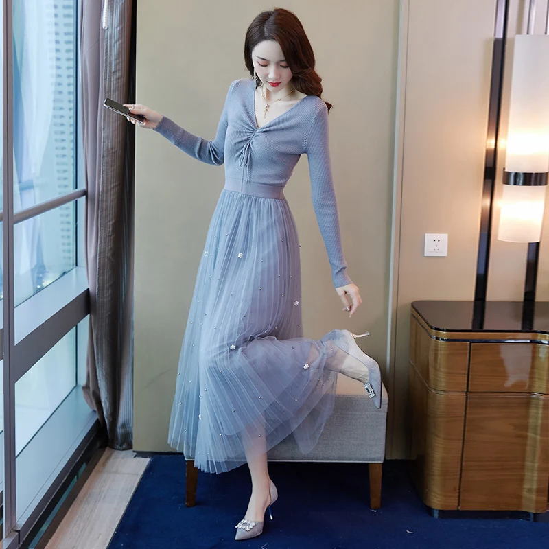 #5256 эластичное платье свитер для женщин с V образным вырезом и высокой талией