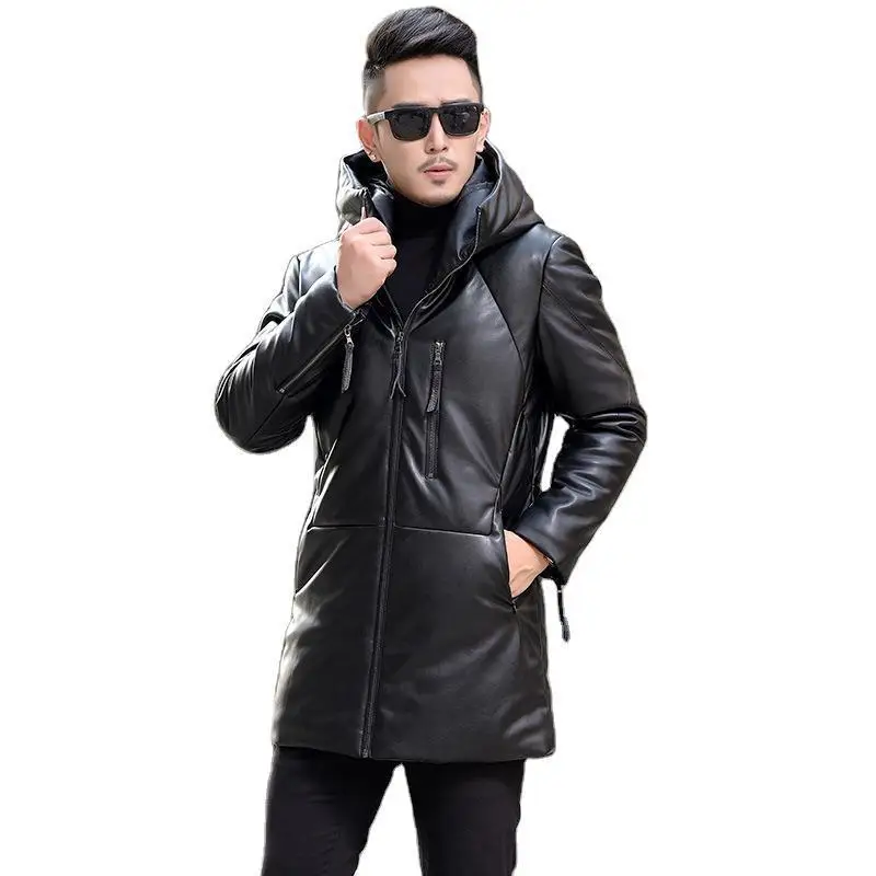 

Haining leather hooded leather zipper 95 white duck down sheep leather jacket down jacket in winter long money men