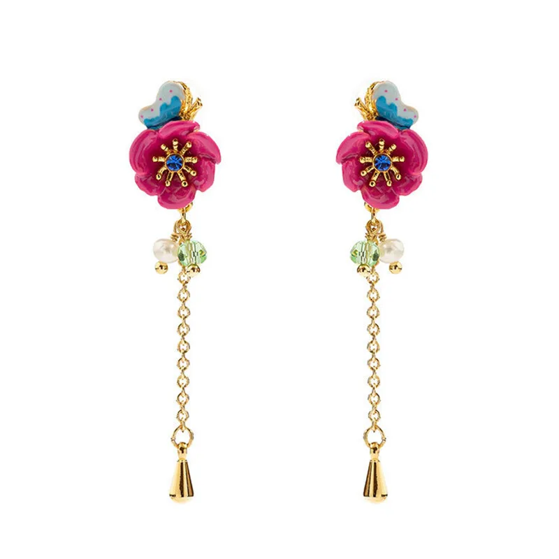 

European and American Hand-painted Enamel Glaze Flower Butterfly Earrings s925 Silver Needle Fashion Temperament Long Earrings
