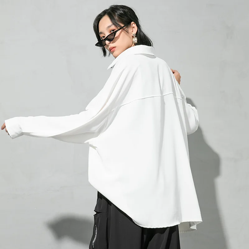 

QING MO Large Size Shirt Woman 2021 Spring Autumn Irregular Printing Shirt Mid-length Fashion Personality Shirt LHXX480