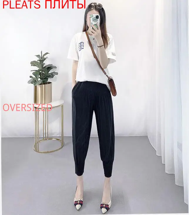 

Miyake Fold Solid Color Pants Summer New Style Black Elastic Waist Carrot Pants Soft Nine-point Pants Women PLEATS Ropa Mujer