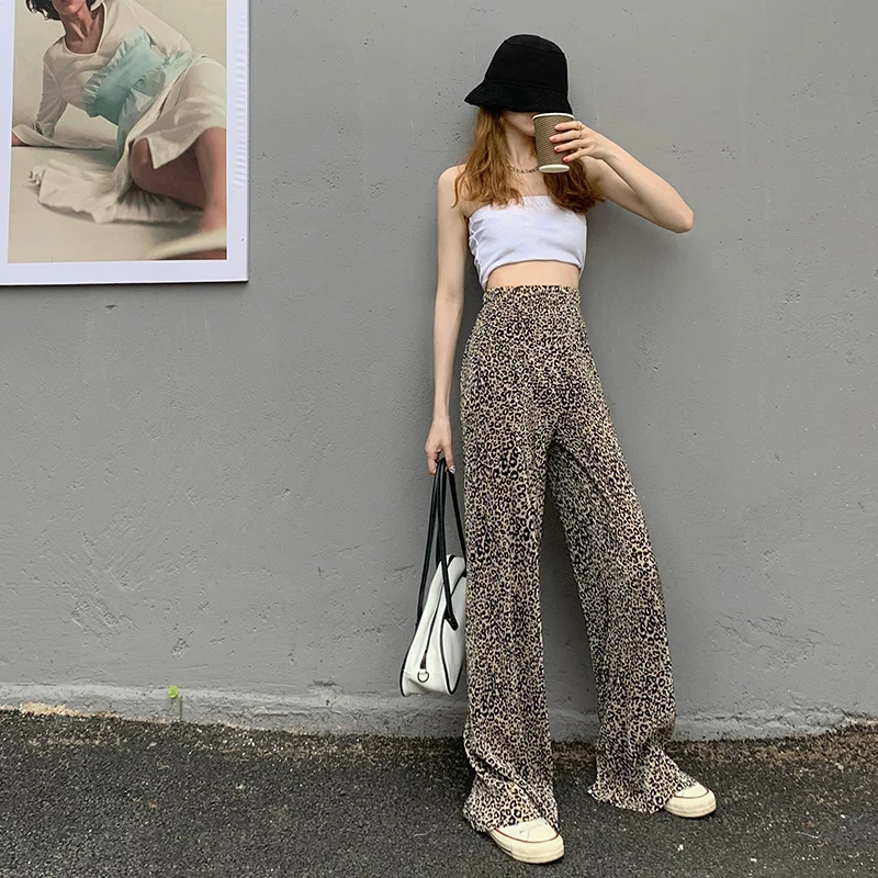 

Vintage Leopard Print Wide-Leg Pants Women's Korean-Style High Waist Slimming Loose All-Match Mop Pants Ins High Street Casual