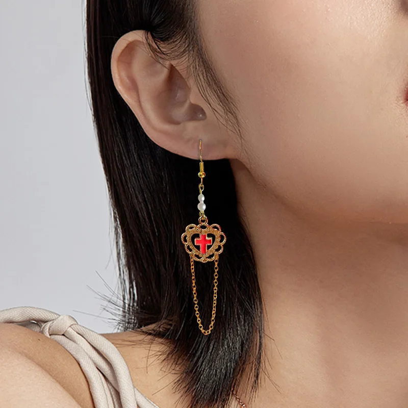 

New Hollow Heart Cross Chains Tassel Dangle Earrings for Women Pearl Drop Earrings Rock Metal Party Punk Religion Jewelry Gifts