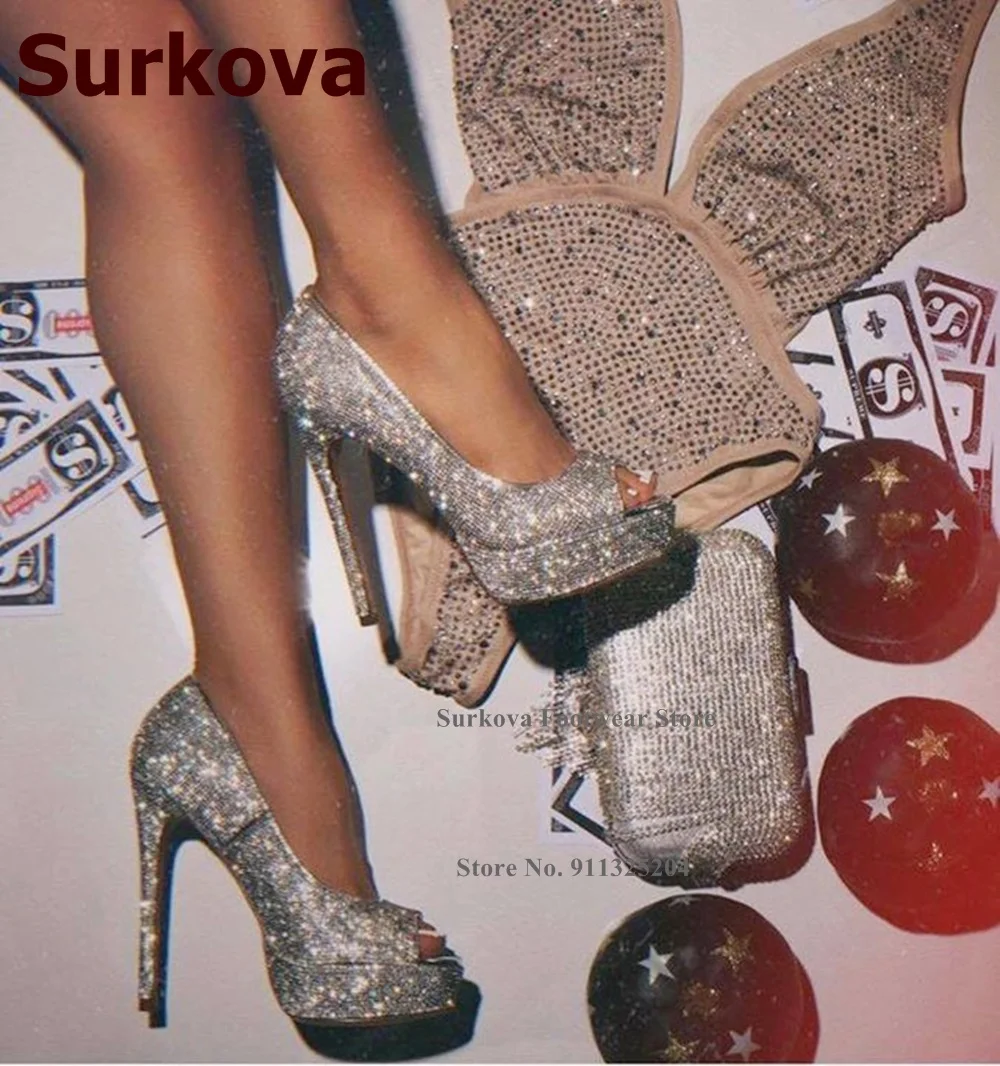 Surkova Bling Bling Silver Crystal Wedding Shoes Thin High Heel Open Toe Platform Dress Pumps Shallow Cut Evening Heels Size43