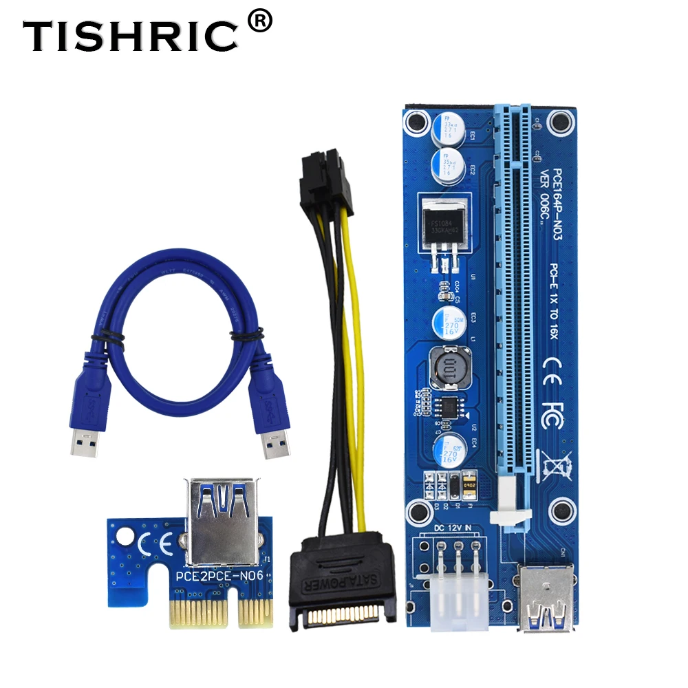 

10Pcs TISHRIC VER006C PCIE PCI-E Riser Card 3 in 1 Molex 6Pin Express 1x to 16x USB 3.0 Extender Adapter BTC Mining Miner