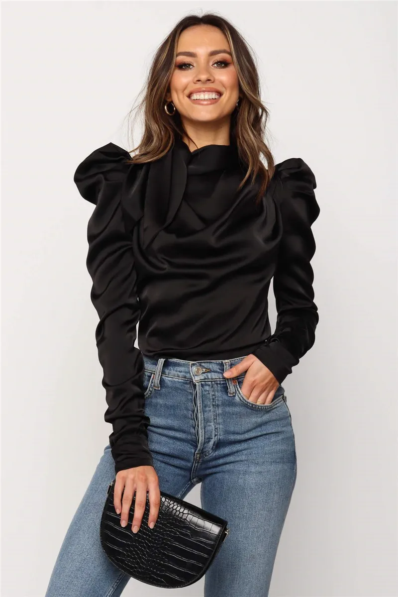 

Women Crop Top Satin Blouses Fashion High Neck Long Puff Sleeve Black Elegant Blouse Shirt Office Lady Classic Blusas Chemise