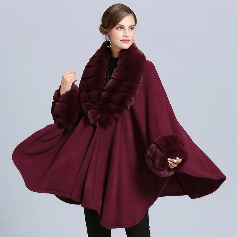 

Fashion Double Layer Handcraft Fox Fur Cape Shawl Long Knit Cashmere Poncho Coat Wraps Faux Fur Pashmina Cloak Women Winter New