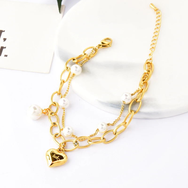 

New Japan and South Korea Pearl Love Bracelet Female Titanium Steel Thick and Thin Fashion Double-layer Mixed Chain Electroplati
