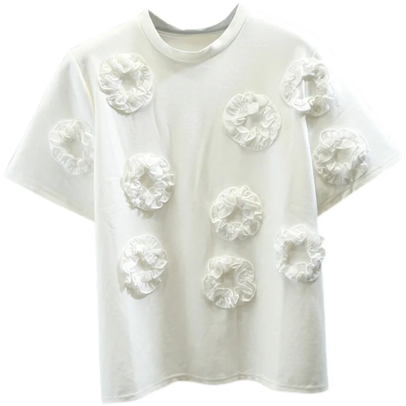 

Fashion Flower Decoration Short Sleeve T-shirt Women's T Shirt 2021 New Spring Clothing Top Female White T-shirts Elegant Tshirt
