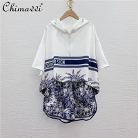 fashion ink printing pullover hooded short sleeve t shirt women high waist wide leg split shorts two pieces shorts set outfits