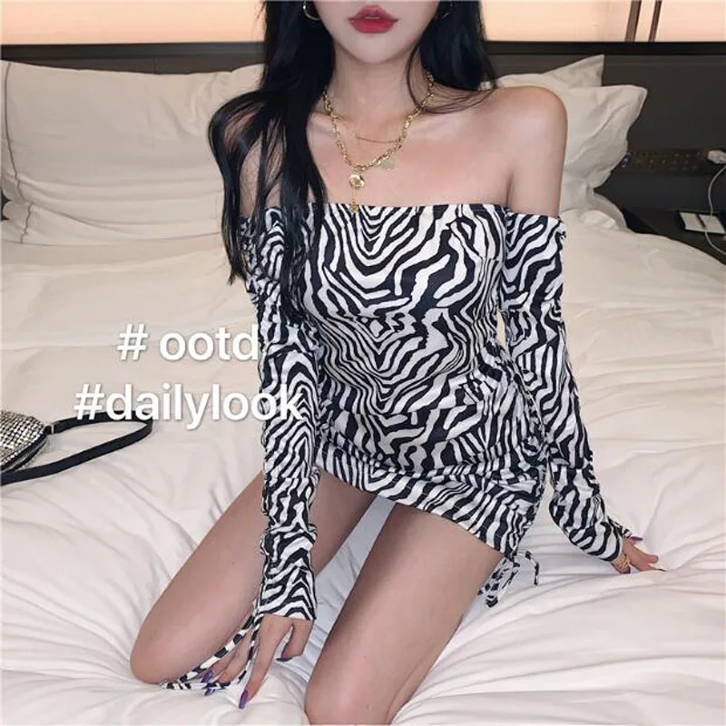 

Zebra Color Dress Woman Spring Autumn New Long Sleeve Slash Neck Short Mini Women Dresses Slim Fit Sexy Dress Women