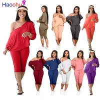 haoohu womens set long sleeve off shoulder top mid calf length pants suit active wear tracksuit two piece set fitness outfit