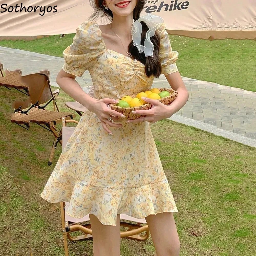 

Puff Short Sleeve Dress Women Sweet Floral Design Square Collar Ruffles Defined Waist Empire Mini Vestidos Feminine French Style